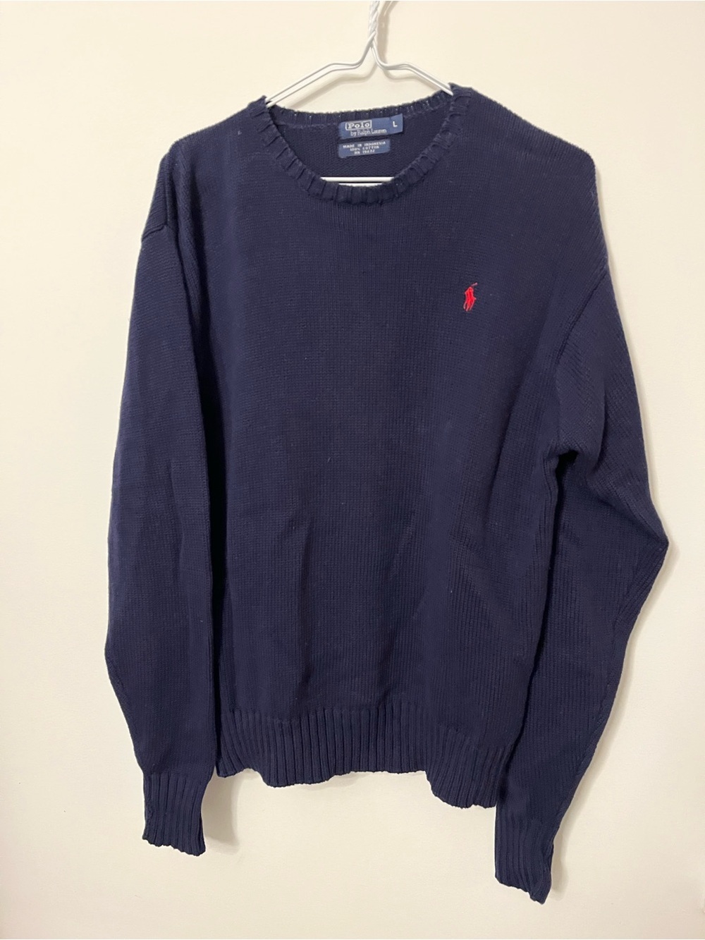 Vintage Polo by Ralph Lauren Men's Navy cable knit Sweater with Red Pony image 2